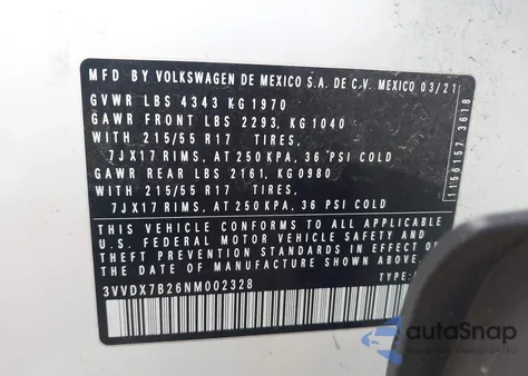 2022 Volkswagen Taos 1.5T S z USA, uszkodzony, nr VIN 3VVDX7B26NM002328